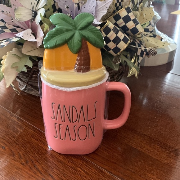 RAE Dunn “Sandal Season” Pink Mug with Palm Tree Sunset Topper - Picture 6 of 6